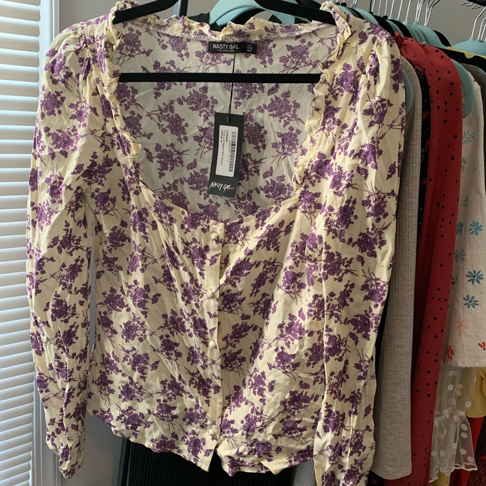 Nasty Gal purple and cream floral button down blouse